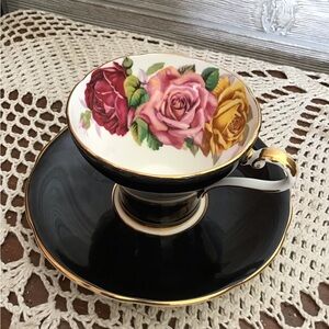 Rare Black Aynsley Tea Cup and Saucer with Cabbage Roses